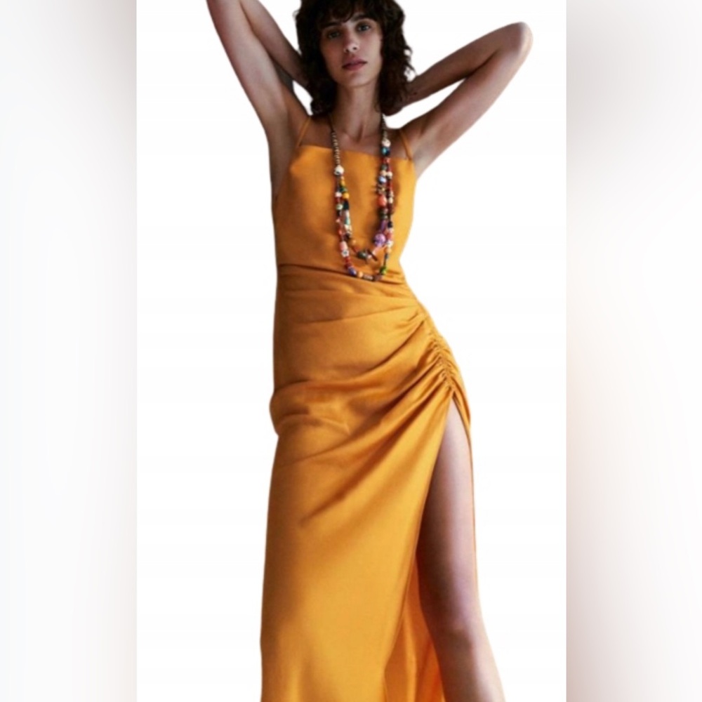 Zara strappy orange dress with Ruched Detail